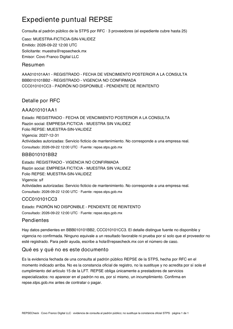 Primera página del PDF de muestra: folio del caso, fuente STPS, fecha, registro, actividad, vigencia y pendientes.